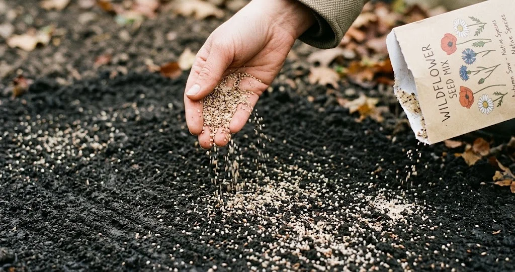 Aussaat von Wildblumensamen gemischt mit Sand auf vorbereitetem Boden