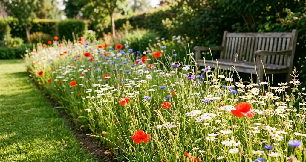 Blühende Wildblumenwiese mit Mohn und Kornblumen im Garten