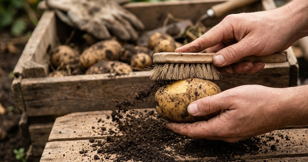 Hand bürstet lose Erde von einer Kartoffelschale