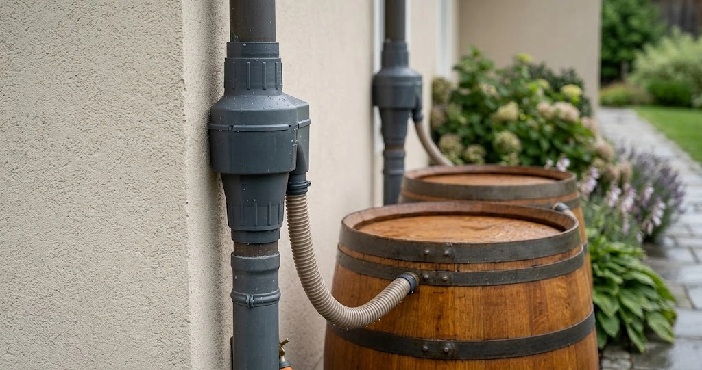 Regenwasser-Diverter im Fallrohr mit Überlaufschlauch zwischen zwei Tonnen