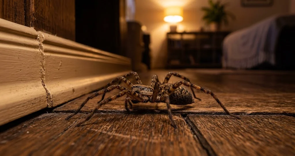 Große Winkelspinne auf dem Holzboden eines Wohnzimmers im Herbst