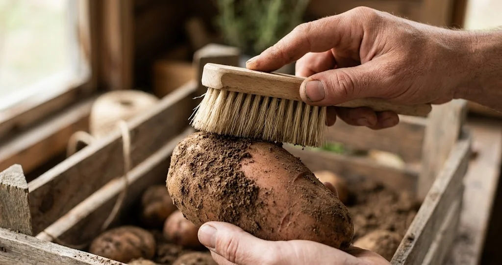 Hand bürstet lose Erde von einer Kartoffelschale