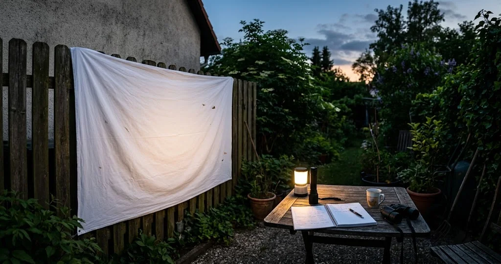 Einfacher Aufbau mit weißem Laken und Lampe zur Nachtfalterbeobachtung im Garten