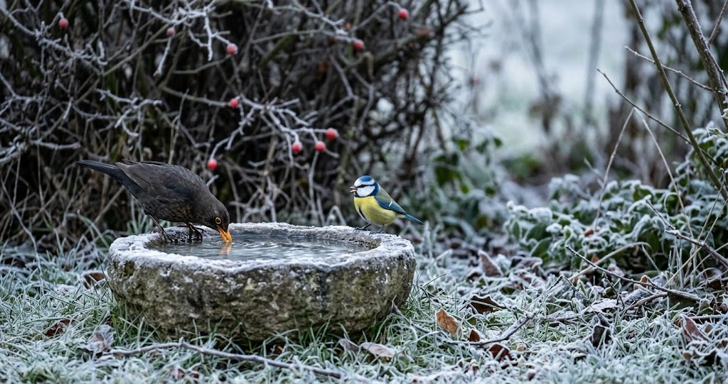 Amsel und Blaumeise an einer Vogeltränke im frostigen Wintergarten