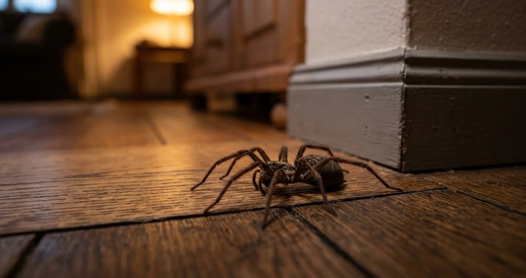 Große Winkelspinne auf dem Holzboden eines Wohnzimmers im Herbst
