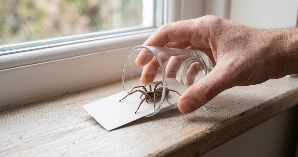Spinne wird mit Glas und Karton schonend eingefangen