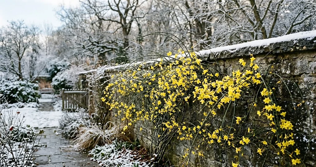 Winterjasmin mit gelben Blüten an einer Mauer im Schnee