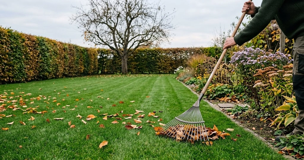 Gepflegter Rasen mit Herbstlaub in einem deutschen Garten im Oktober