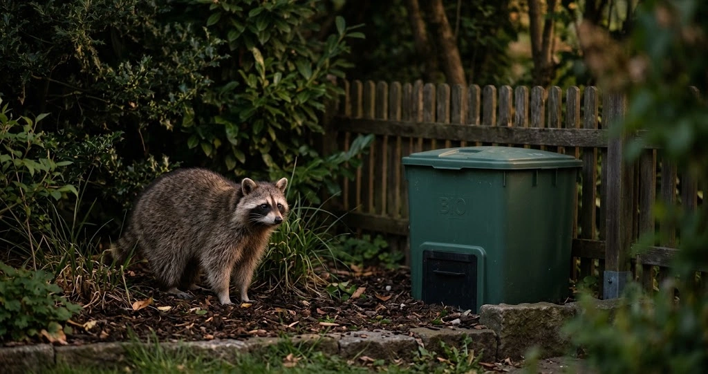 Waschbär am Rand eines deutschen Gartens in der Dämmerung