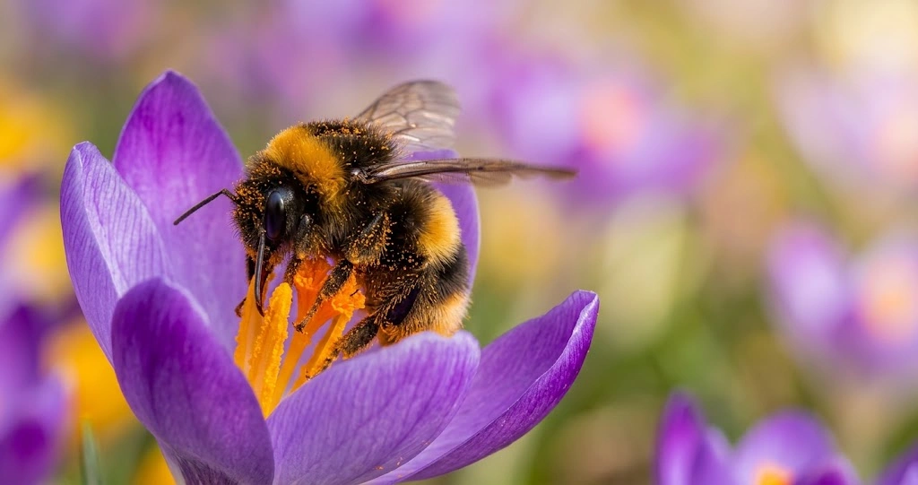 Hummelkönigin sammelt Pollen in einer geöffneten Krokusblüte