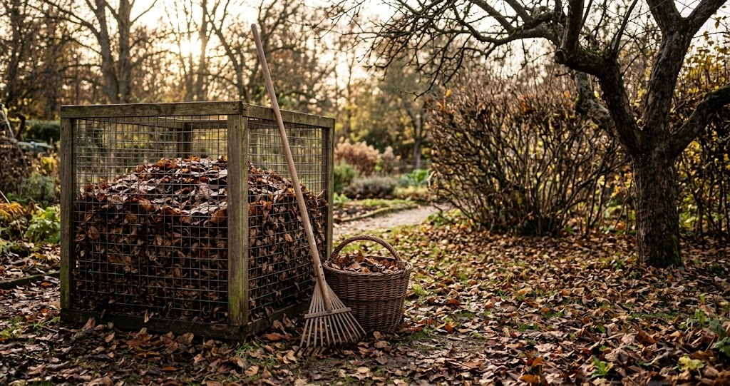 Drahtkorb mit Herbstlaub zur Herstellung von Laubkompost in einem Garten