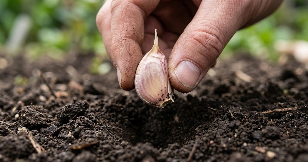 Knoblauchzehe wird mit der Spitze nach oben in ein Pflanzloch gesetzt