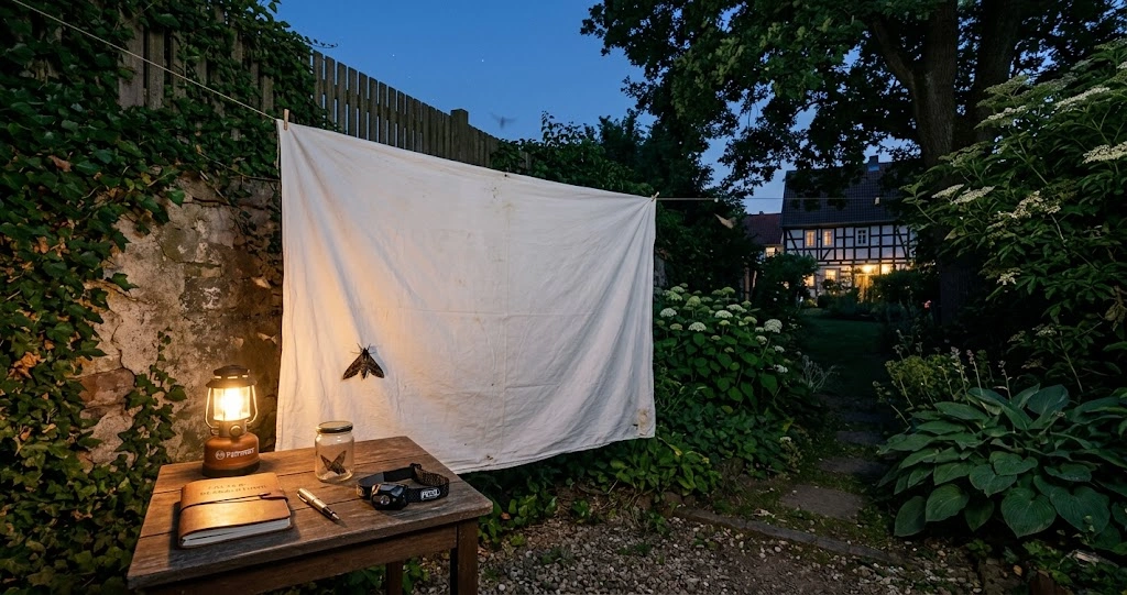 Einfacher Aufbau mit weißem Laken und Lampe zur Nachtfalterbeobachtung im Garten