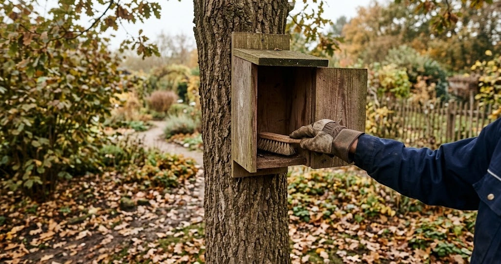 Nistkasten am Baum wird im Herbst gereinigt