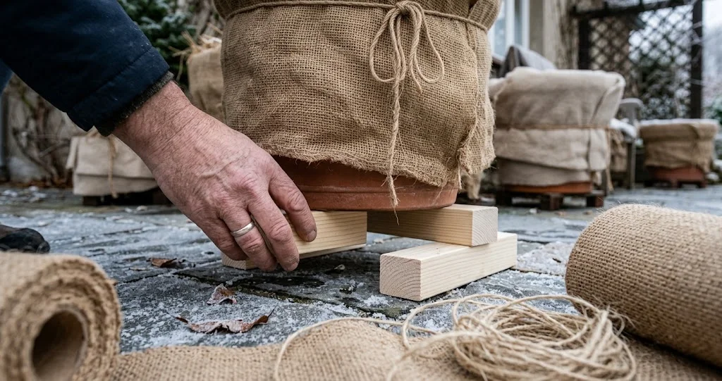 Kübel auf Holzleisten mit Luftspalt darunter als Schutz vor Bodenfrost