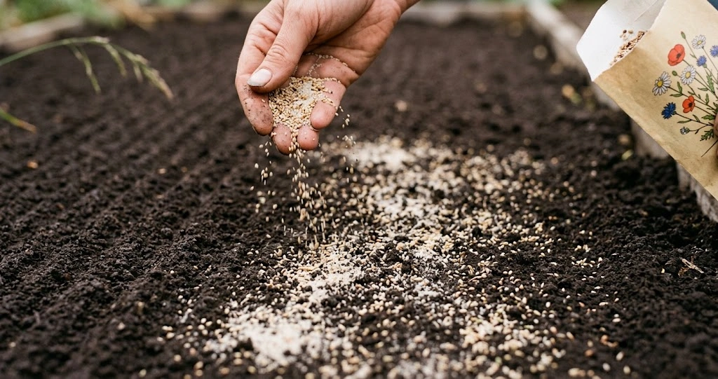 Aussaat von Wildblumensamen gemischt mit Sand auf vorbereitetem Boden