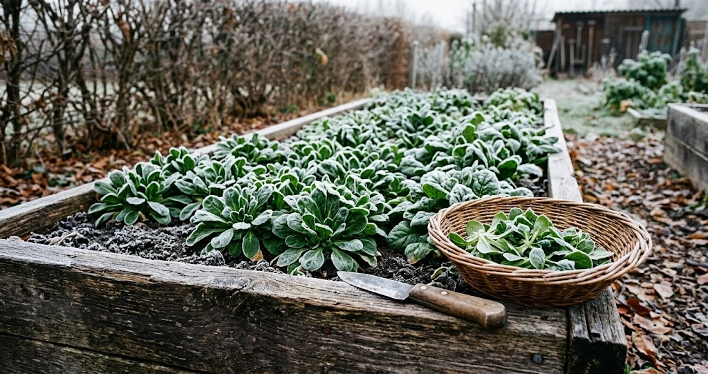 Feldsalat und Winterspinat mit Raureif in einem Hochbeet