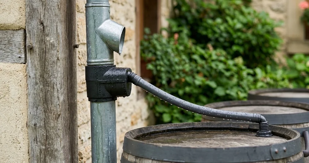 Regenwasser-Diverter im Fallrohr mit Überlaufschlauch zwischen zwei Tonnen