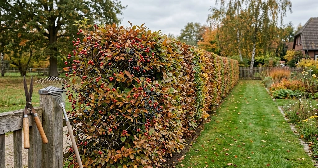 Frisch geschnittene Wildhecke in einem deutschen Garten im Oktober