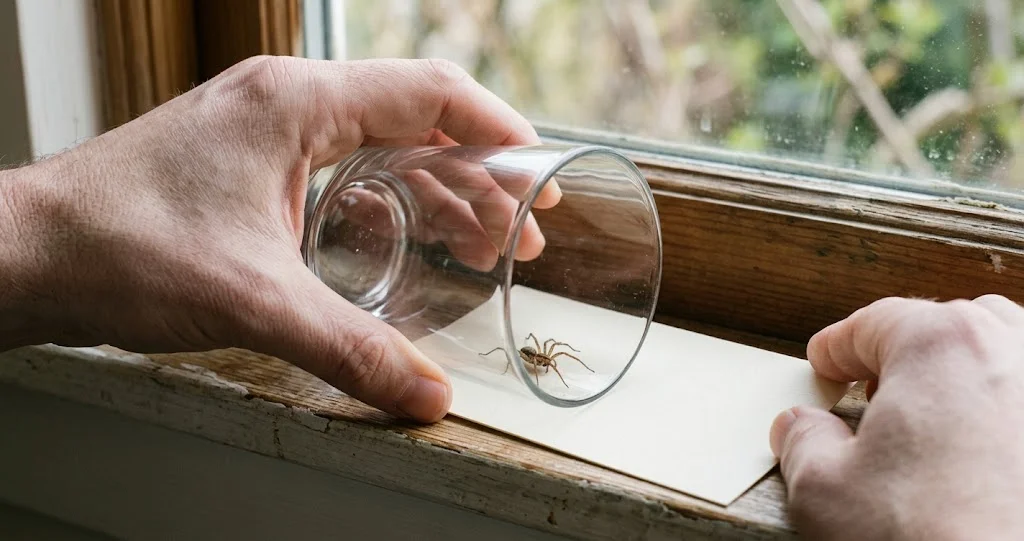 Spinne wird mit Glas und Karton schonend eingefangen