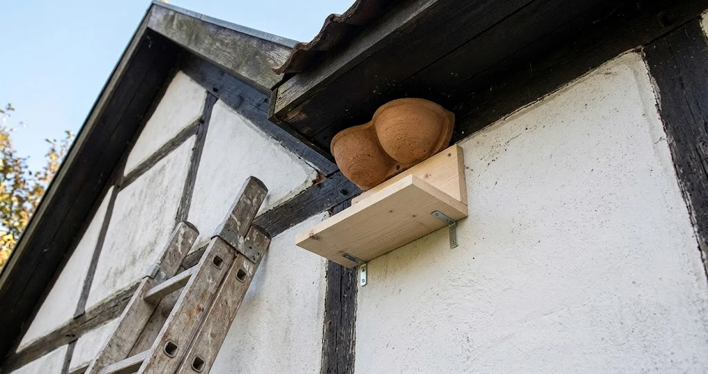 Kunstnest für Mehlschwalben unter dem Dachvorsprung mit Kotbrett
