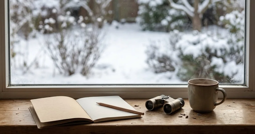 Notizbuch, Fernglas und Tasse auf der Fensterbank zur Vogelzählung