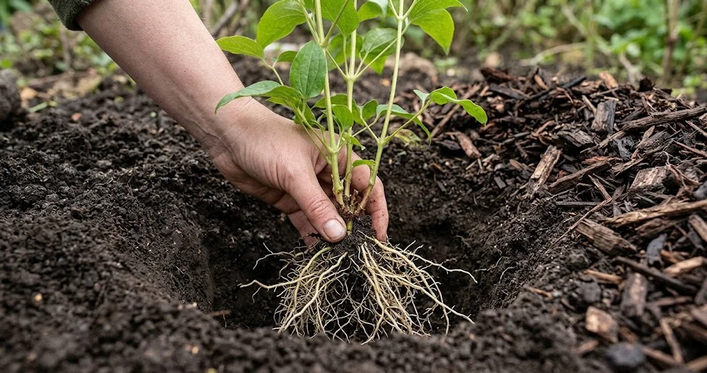 Junge Clematis wird tief in ein Pflanzloch gesetzt