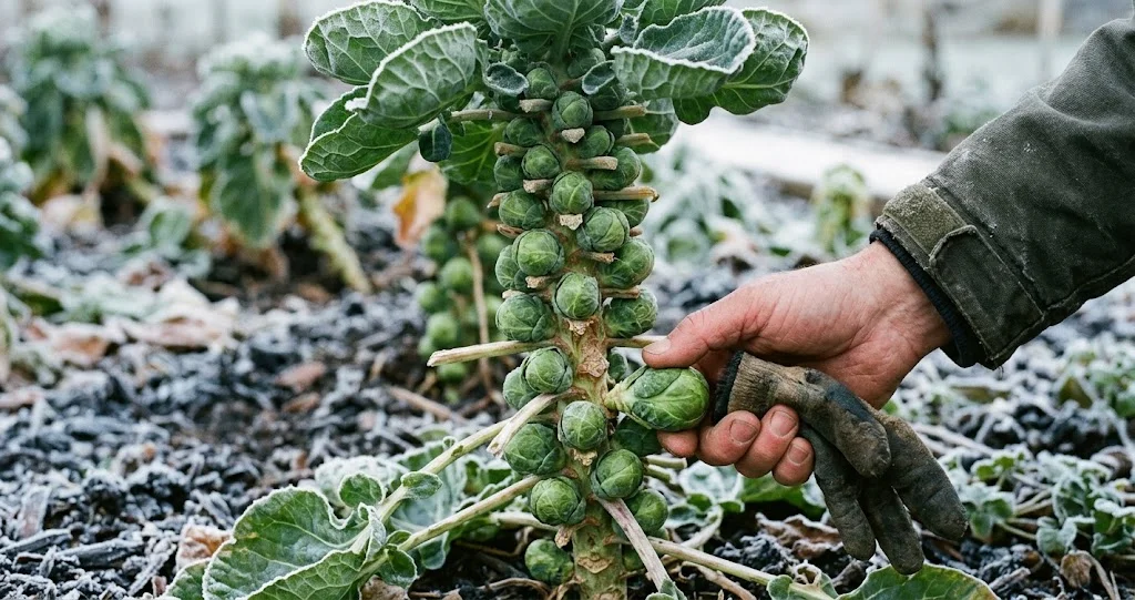 Rosenkohlstängel mit Röschen in einem winterlichen Beet