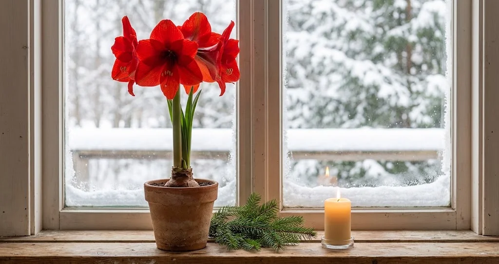 Blühende rote Amaryllis auf einer weihnachtlichen Fensterbank