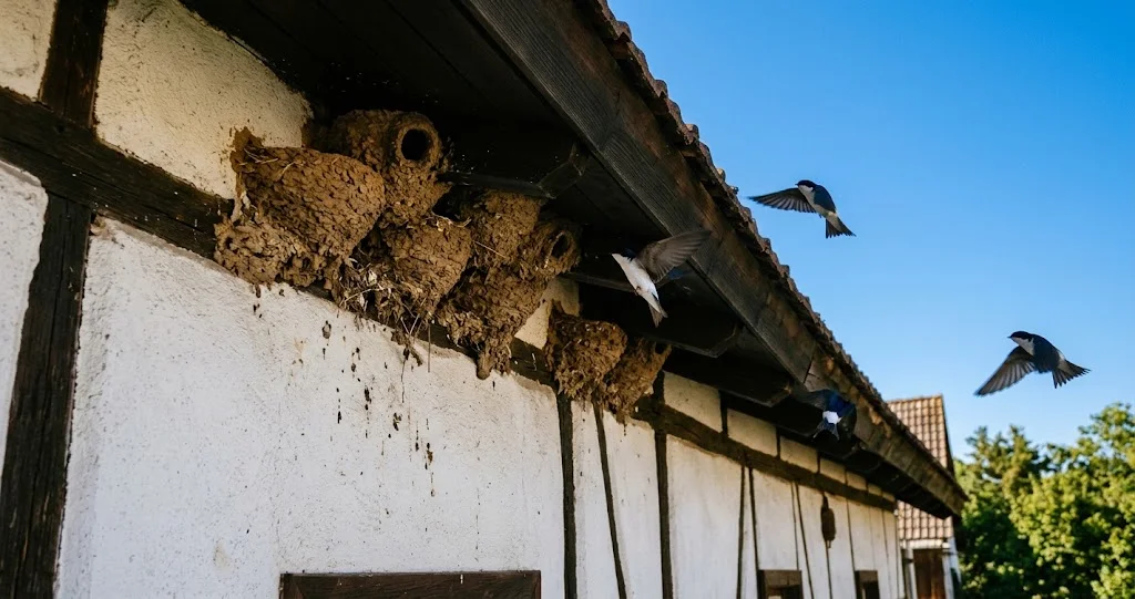 Mehlschwalbennester unter einem Dachüberstand einer Hauswand