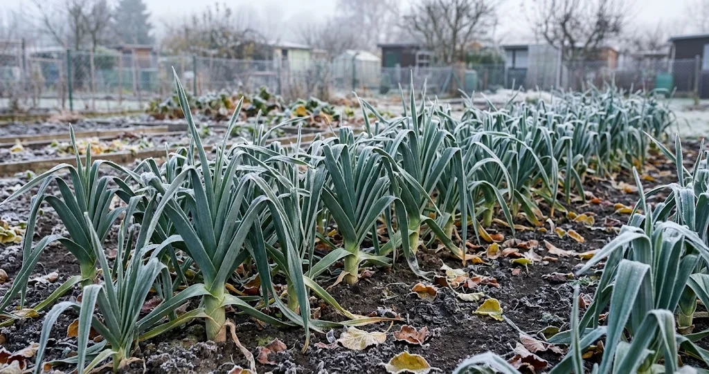 Winterporree wächst bei leichtem Frost in einem deutschen Gemüsebeet