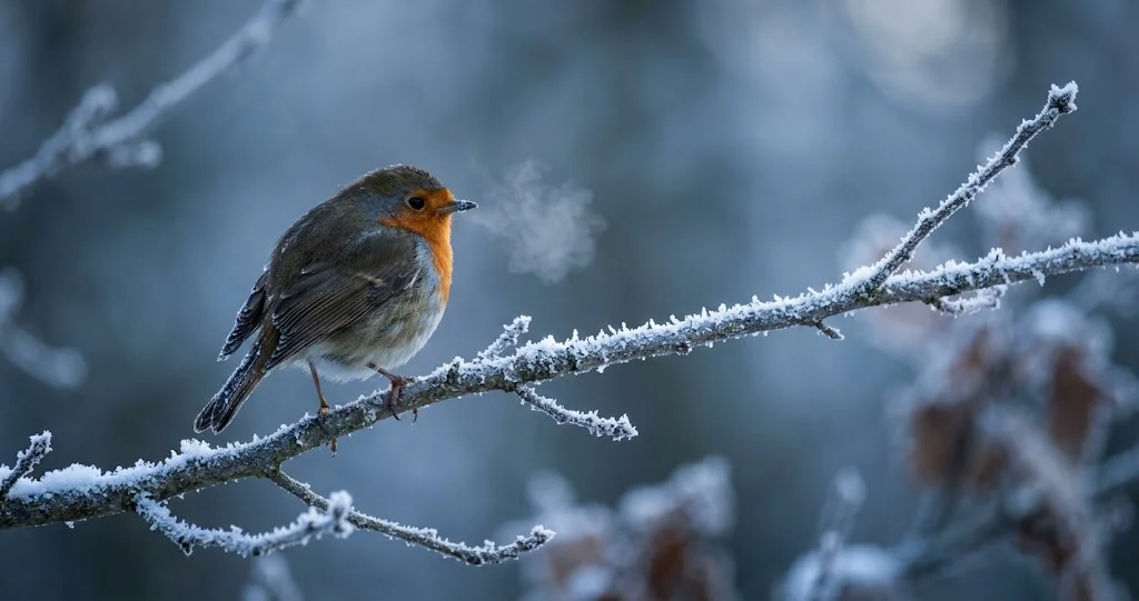 Rotkehlchen auf einem frostigen Ast am frühen Morgen
