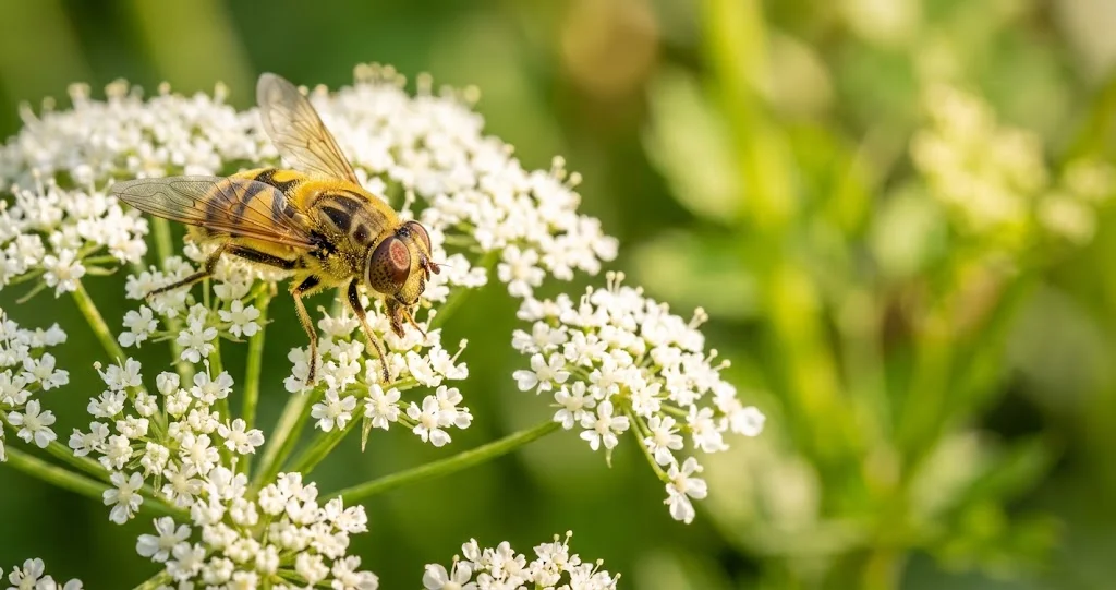Schwebfliege sitzt auf einer Doldenblüte im Garten