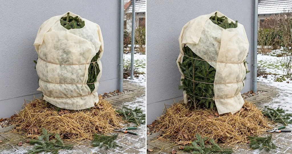 Feigenbaum im Winter locker mit Vlies und Reisig umhüllt