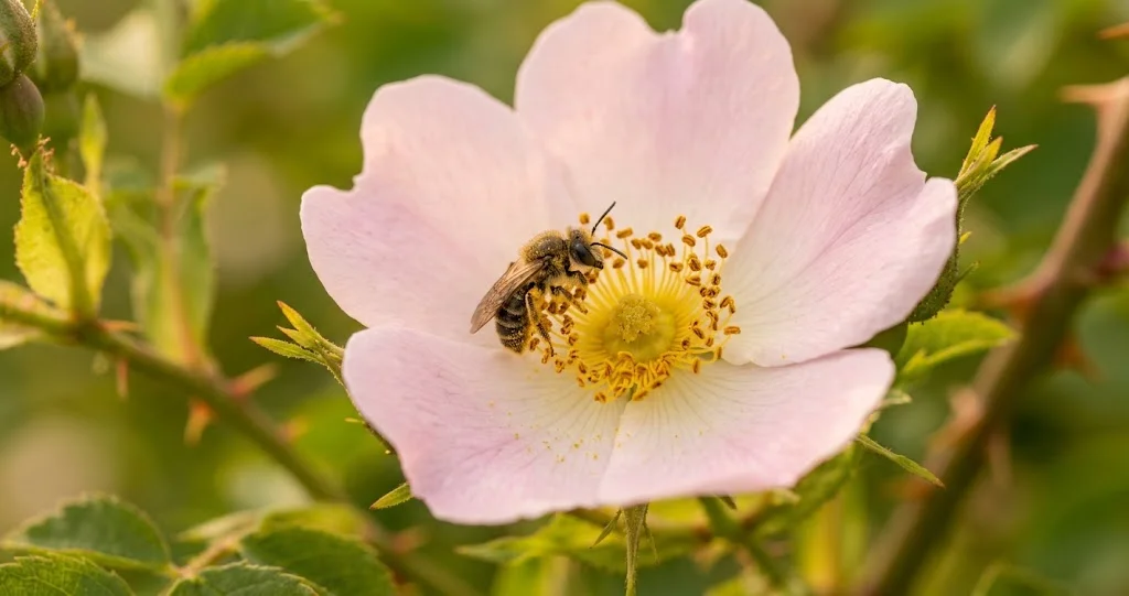 Wildbiene auf einer offenen Hundsrosenblüte