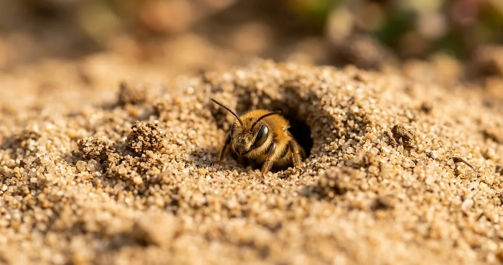 Wildbiene verlässt ihren Nistgang im Sand