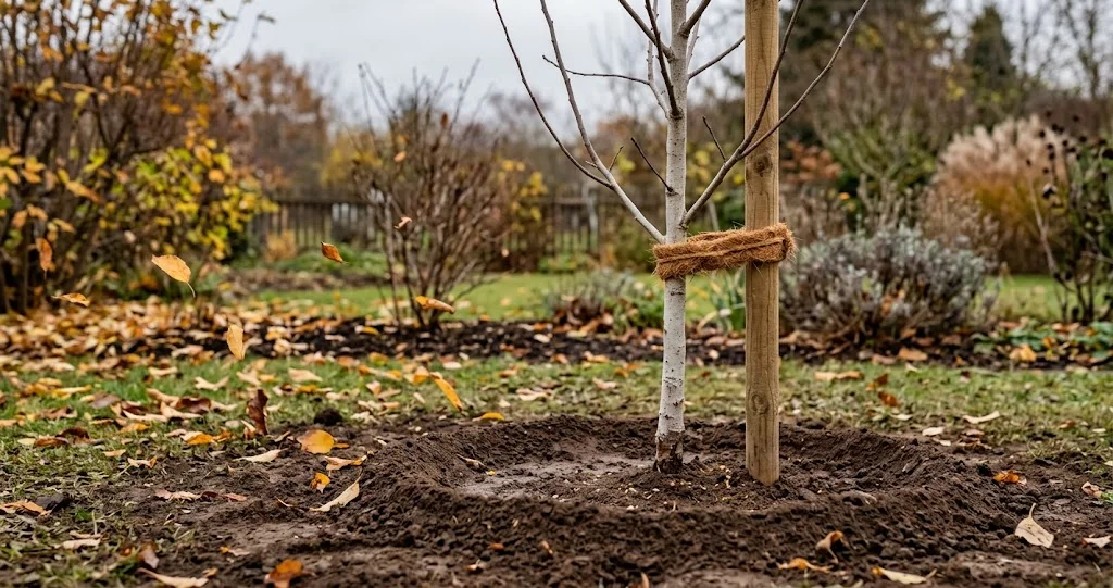 1200x630 px, horizontal format. VISUAL STYLE: instructional close-up photography. Close view of the graft union on a young apple tree stem, swollen with a small diagonal scar, sitting a hand-width above dark soil, a hand pointing at it. Low horizontal angle, shallow depth of field, soft daylight. Palette of pale bark, dark soil, tan glove. No text, no lettering, no watermark.