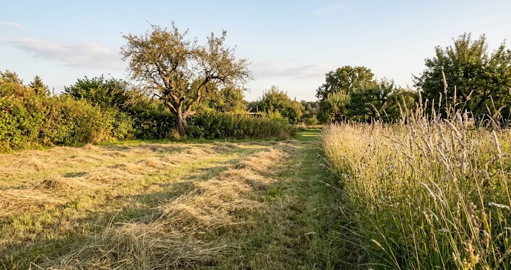 Gemähte Wiese mit stehengelassenem Altgrasstreifen im Herbst