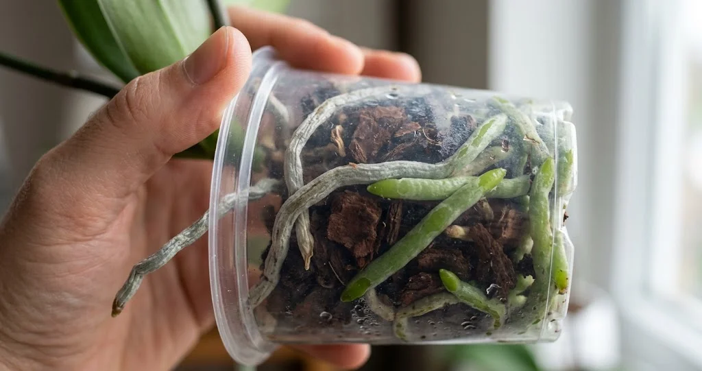 Gesunde grüne und trockene silbrige Orchideenwurzeln im durchsichtigen Topf