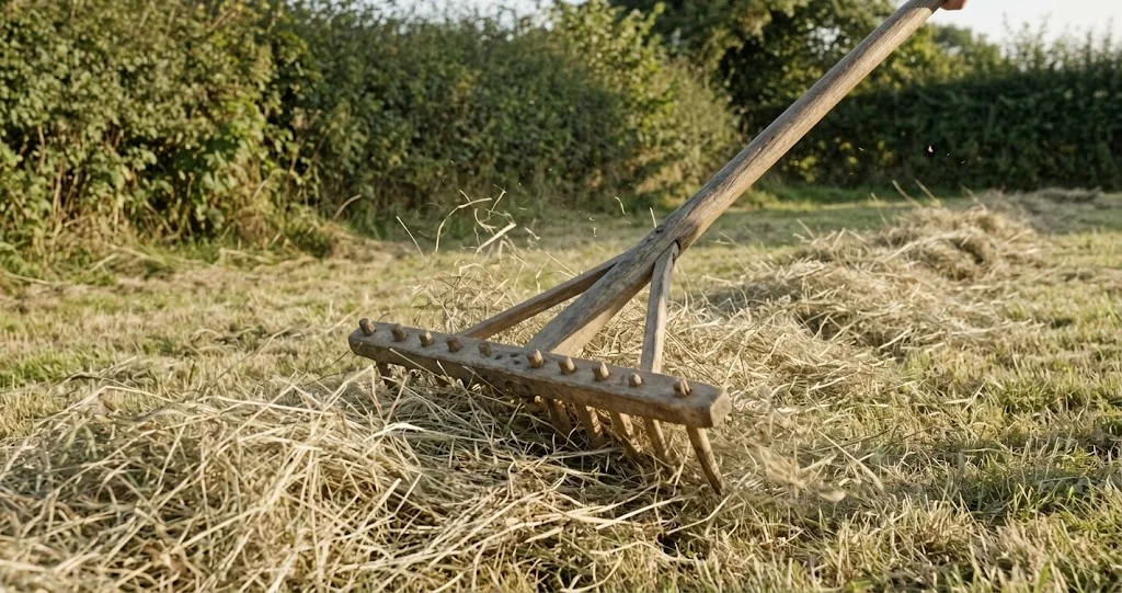 Mahdgut wird auf einer Wiese zusammengerecht