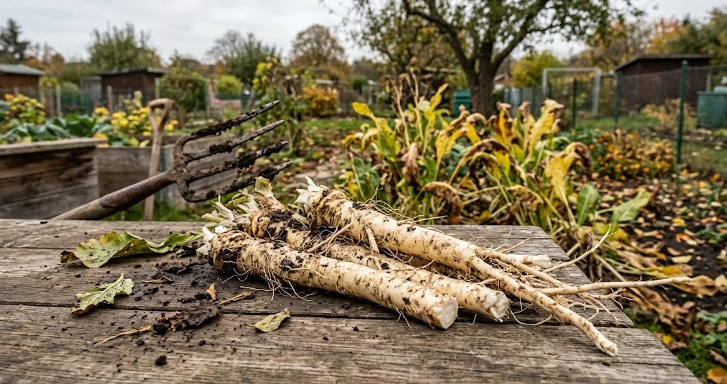 Frisch geerntete Meerrettichwurzeln auf einem Gartentisch im Herbst