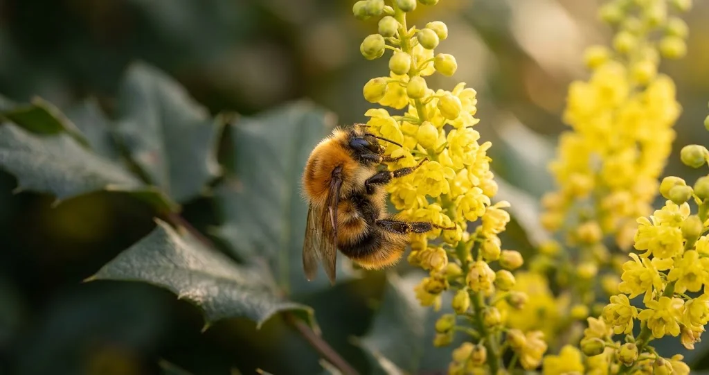 Hummel an einer Mahonienblüte an einem milden Wintertag