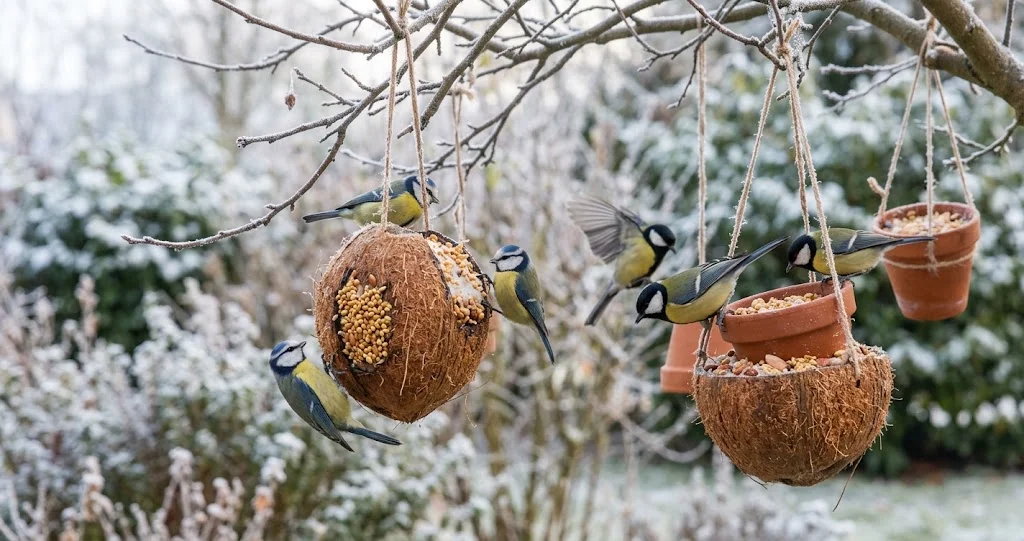 Selbstgemachte Meisenknödel in Kokosnussschalen im winterlichen Garten