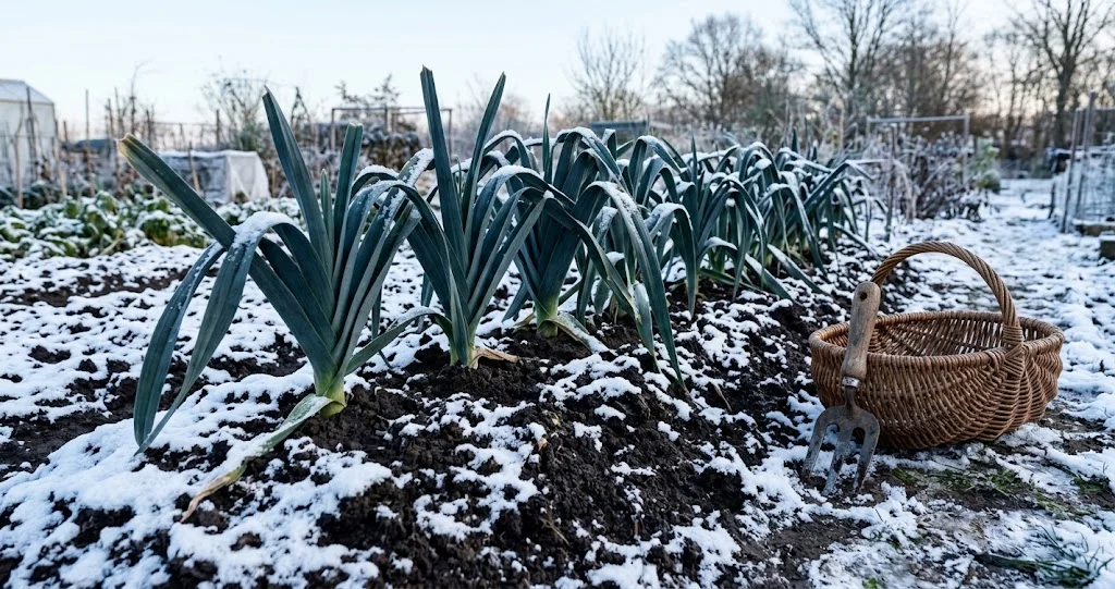 Winterlauch im verschneiten Gemüsebeet