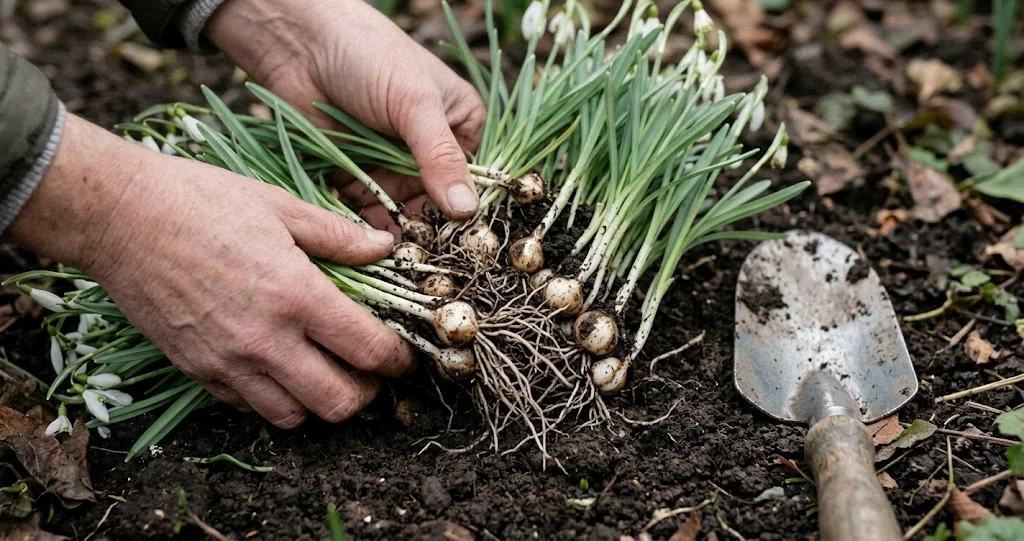 Teilen eines Schneeglöckchenhorstes kurz nach der Blüte