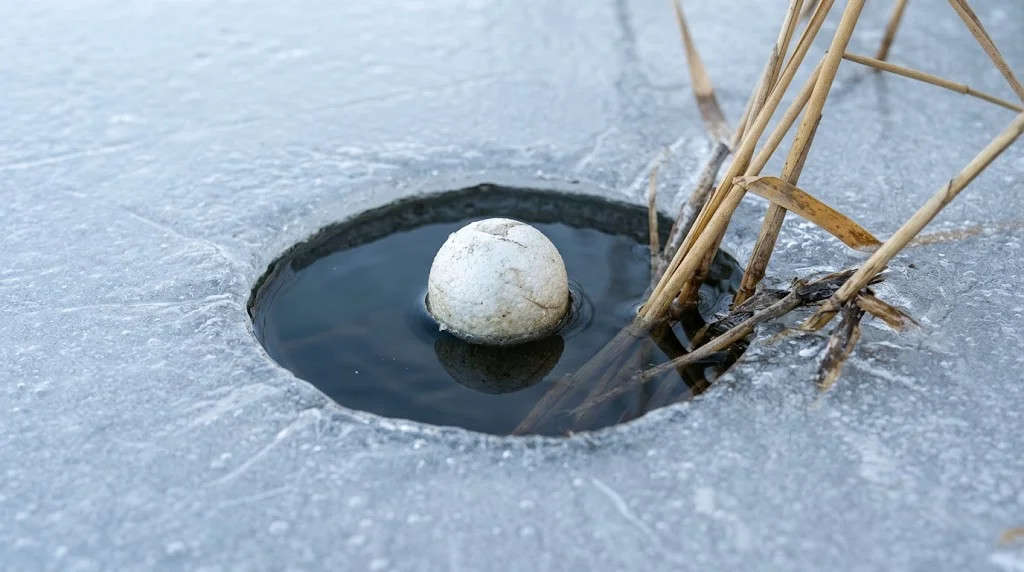 Schwimmender Ball hält eine Öffnung im Teicheis frei