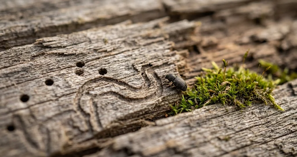 Fraßgänge und Ausflugslöcher von Käfern in altem Holz