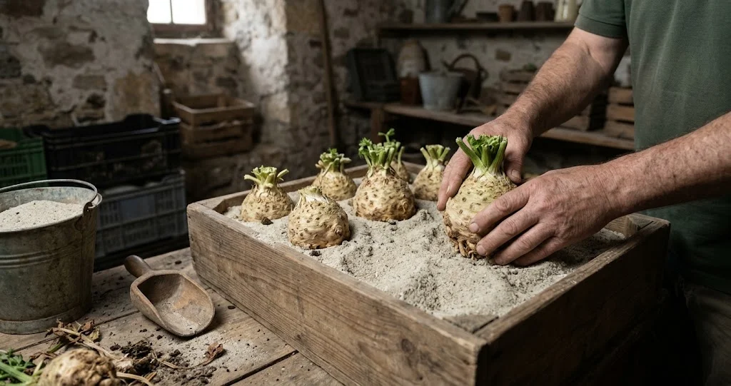 Knollensellerie wird in einer Holzkiste mit leicht feuchtem Sand eingelagert