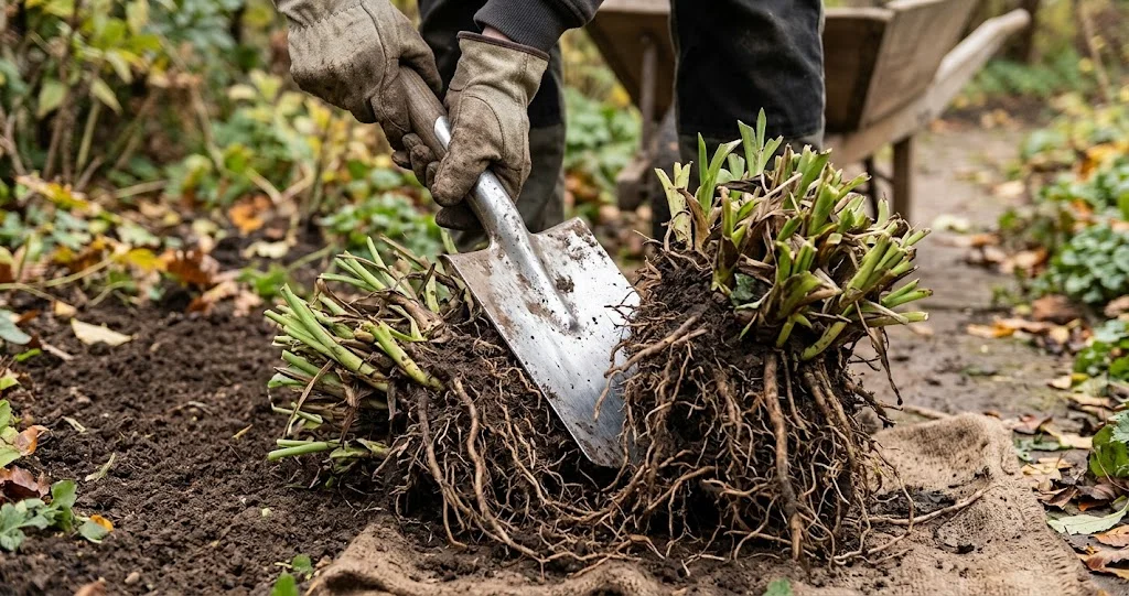 Knollensellerie wird in einer Holzkiste mit leicht feuchtem Sand eingelagert
