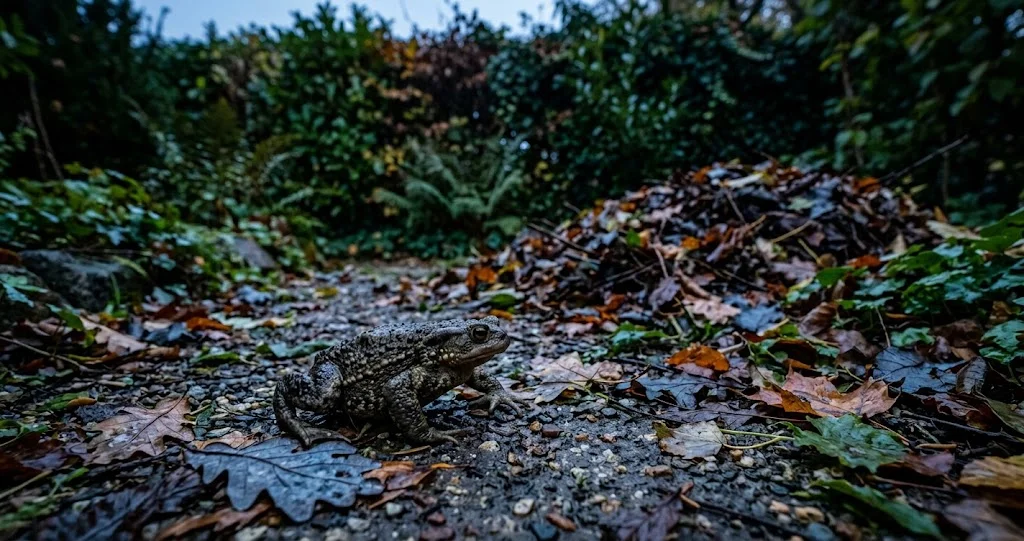 Erdkröte wandert im Herbst über einen Gartenweg